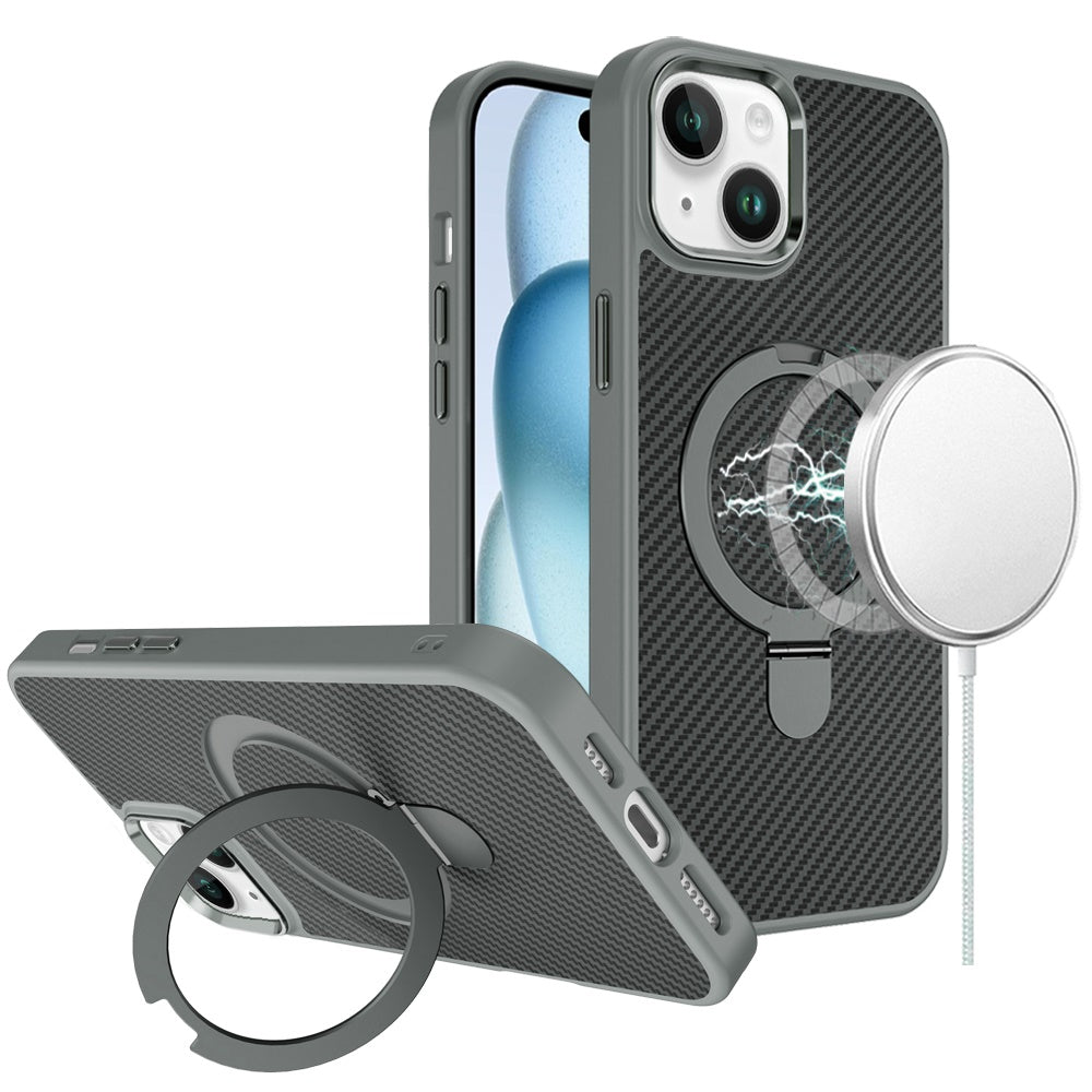 For Apple iPhone 16 (6.1") Hybrid Carbon Fiber Design with MagSafe Compatible [Magnetic Circle], Ring Stand Shockproof Slim TPU Case Cover