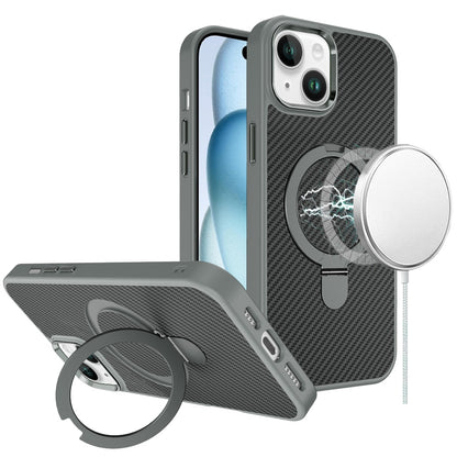 For Apple iPhone 16 (6.1") Hybrid Carbon Fiber Design with MagSafe Compatible [Magnetic Circle], Ring Stand Shockproof Slim TPU Case Cover