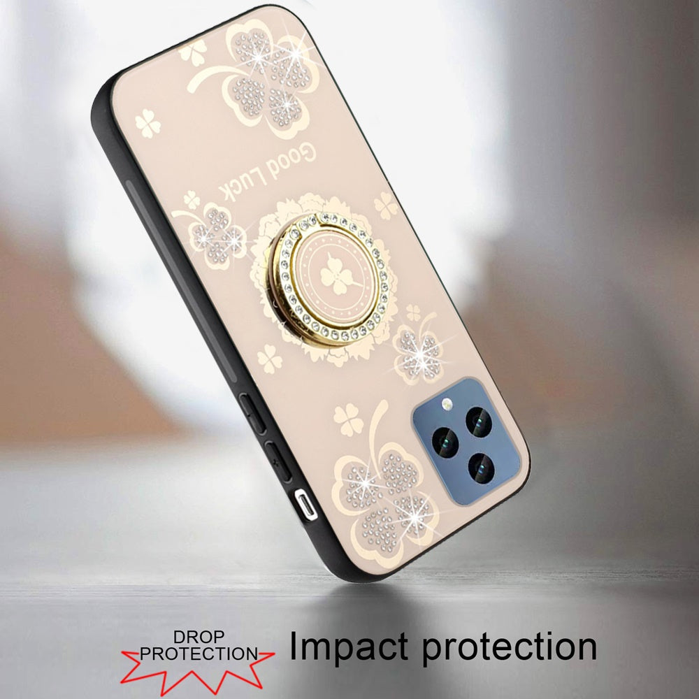 For Motorola Moto G 5G 2025 Diamonds 3D Fashion Floral Bling Sparkly Glitter Ornaments Engraving Hybrid with Ring Stand Case Cover Gold Good Luck Floral