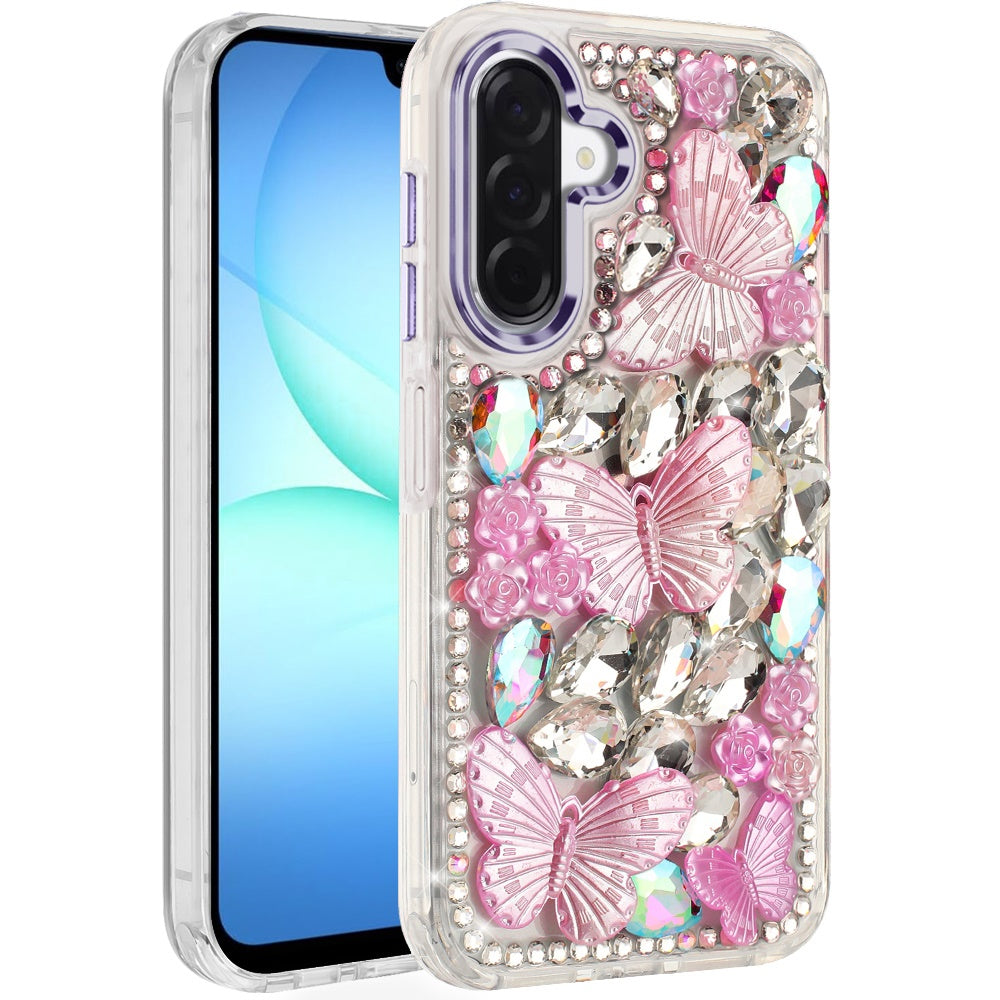 For Samsung Galaxy S25 Fan Edition /Galaxy S25 FE 3D Diamond Floral Butterfly Bling Stone Hybrid, Sparkly Rhinestone Gemstone Back Shockproof Case Cover