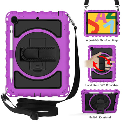For Hybrid 3in1 Armor Rugged with Built-in Kickstand 360° Rotatable Stand & Shoulder Hand Strap Corner Shockproof Purple Tablet Case Cover
