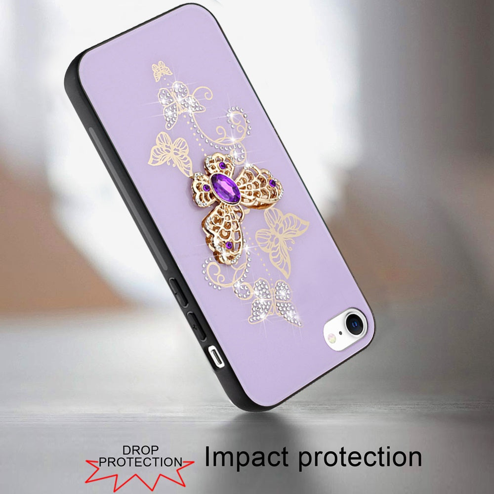 For Apple iPhone 16e Diamonds 3D Butterfly Bling Sparkly Glitter Ornaments Engraving Hybrid Metal Fashion Case Cover Purple Garden Butterflies