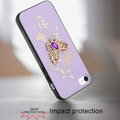 For Apple iPhone 16e Diamonds 3D Butterfly Bling Sparkly Glitter Ornaments Engraving Hybrid Metal Fashion Case Cover Purple Garden Butterflies