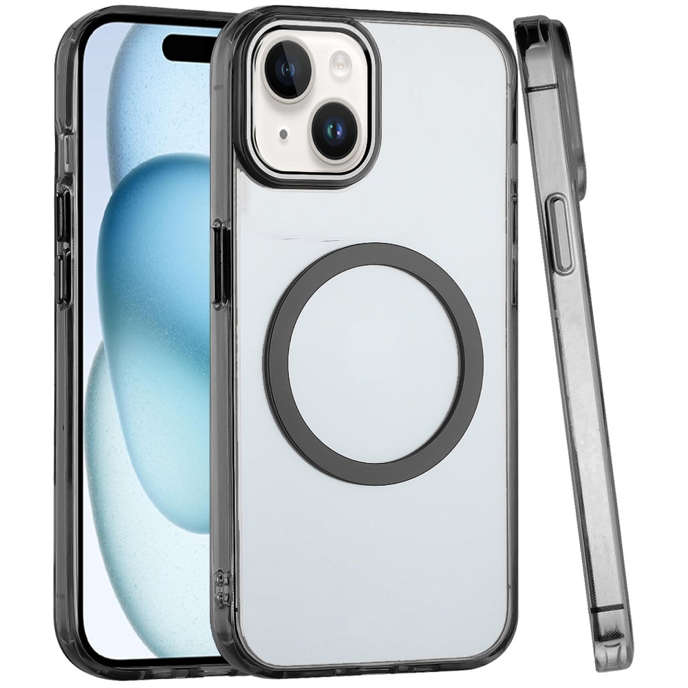 For Apple iPhone 15 Pro Transparent Back Hybrid Case - Magnetic Circle, Color Frame, Metal Buttons, MagSafe Compatible Case Cover Black