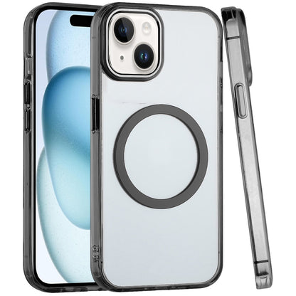 For Apple iPhone 14 /13 Transparent Back Hybrid Case - Magnetic Circle, Color Frame, Metal Buttons, MagSafe Compatible Case Cover