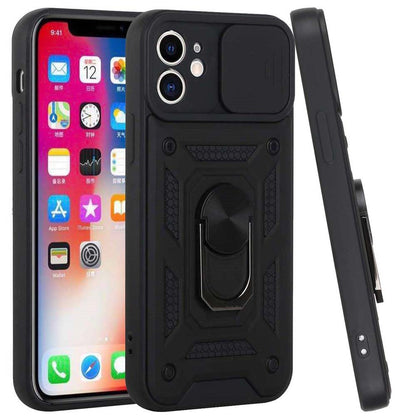 For Apple iPhone 16e Hybrid Case with Slide Camera Lens Cover, Ring Kickstand, Heavy-Duty Dual Layer TPU, Fit Magnet Car Mount Case Cover