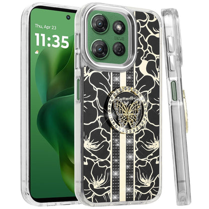 For Motorola Moto G Power 5G 2025 Diamonds 3D Butterfly Floral Design Bling Sparkly Glitter Hybrid Metal Fashion with Ring Stand Case Cover