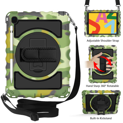 For Hybrid 3in1 Armor Rugged with Built-in Kickstand 360° Rotatable Stand & Shoulder Hand Strap Corner Shockproof Camouflage Tablet Case Cover