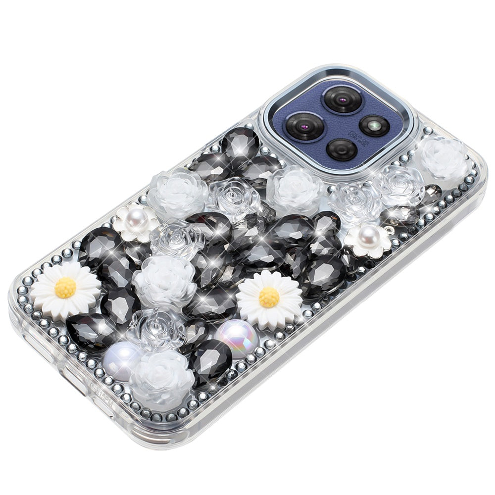 For Motorola Moto G Stylus 5G 2025 Fashion Daisy Floral Series, Full 3D Bling Crystal Diamonds Sparkling Rhinestone Glitter Hybrid Design Case Cover