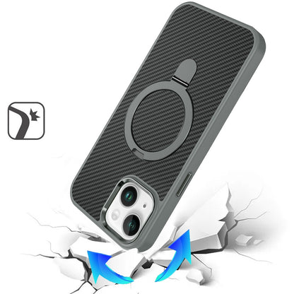 For Apple iPhone 16 (6.1") Hybrid Carbon Fiber Design with MagSafe Compatible [Magnetic Circle], Ring Stand Shockproof Slim TPU Case Cover
