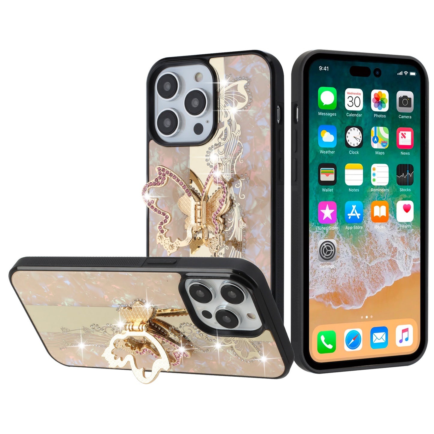 For Samsung Galaxy A06 Diamonds 3D Butterfly Bling Sparkly Glitter Ornaments Engraving Hybrid with Ring Stand Fashion Case Cover Enchanted Butterfly Gold