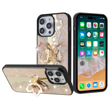 For Samsung Galaxy A06 Diamonds 3D Butterfly Bling Sparkly Glitter Ornaments Engraving Hybrid with Ring Stand Fashion Case Cover Enchanted Butterfly Gold