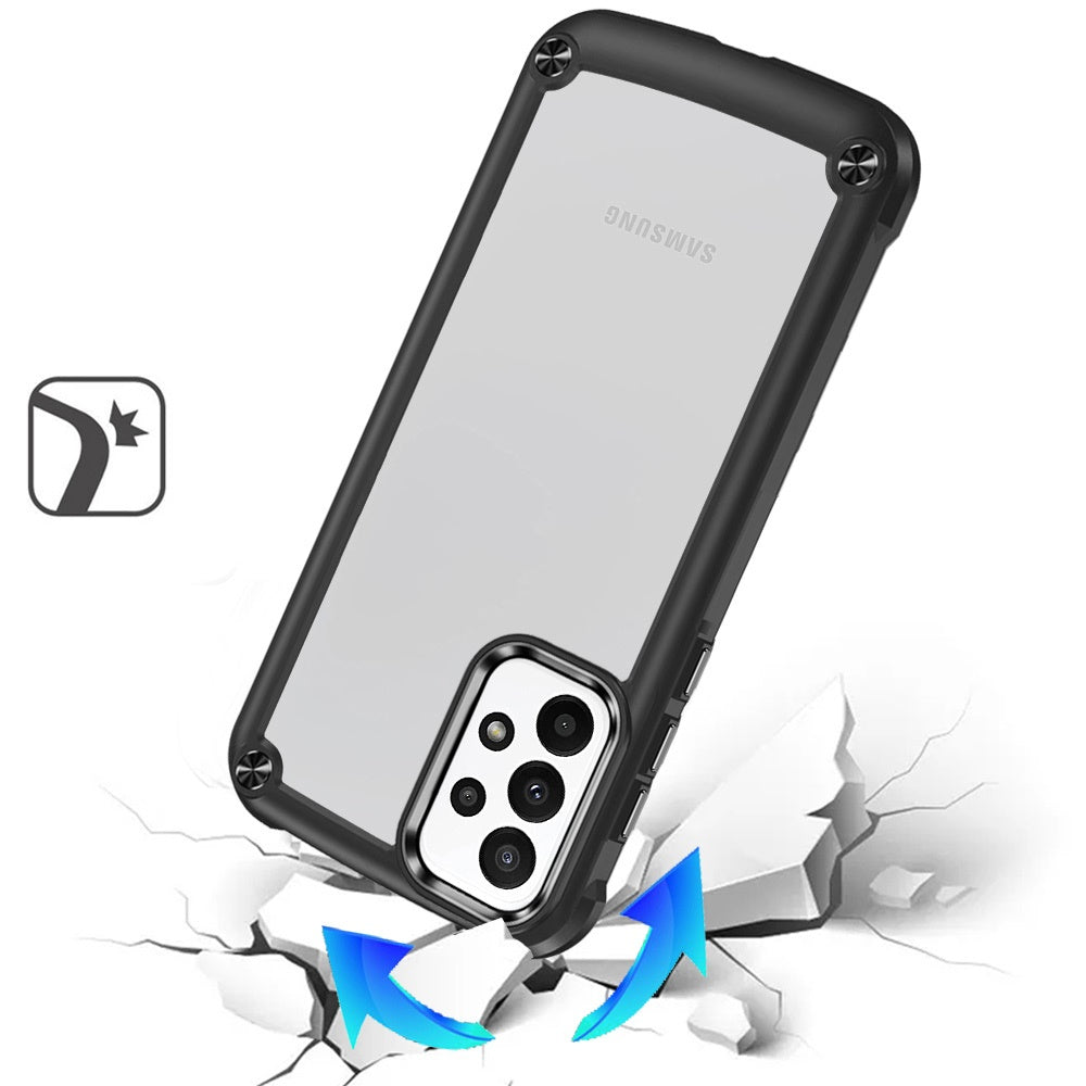 For Samsung Galaxy A32 5G Hybrid Transparent Rubber with Metal Buttons & Camera Edges Hard TPU Corner Frame Bumper Case Cover Black
