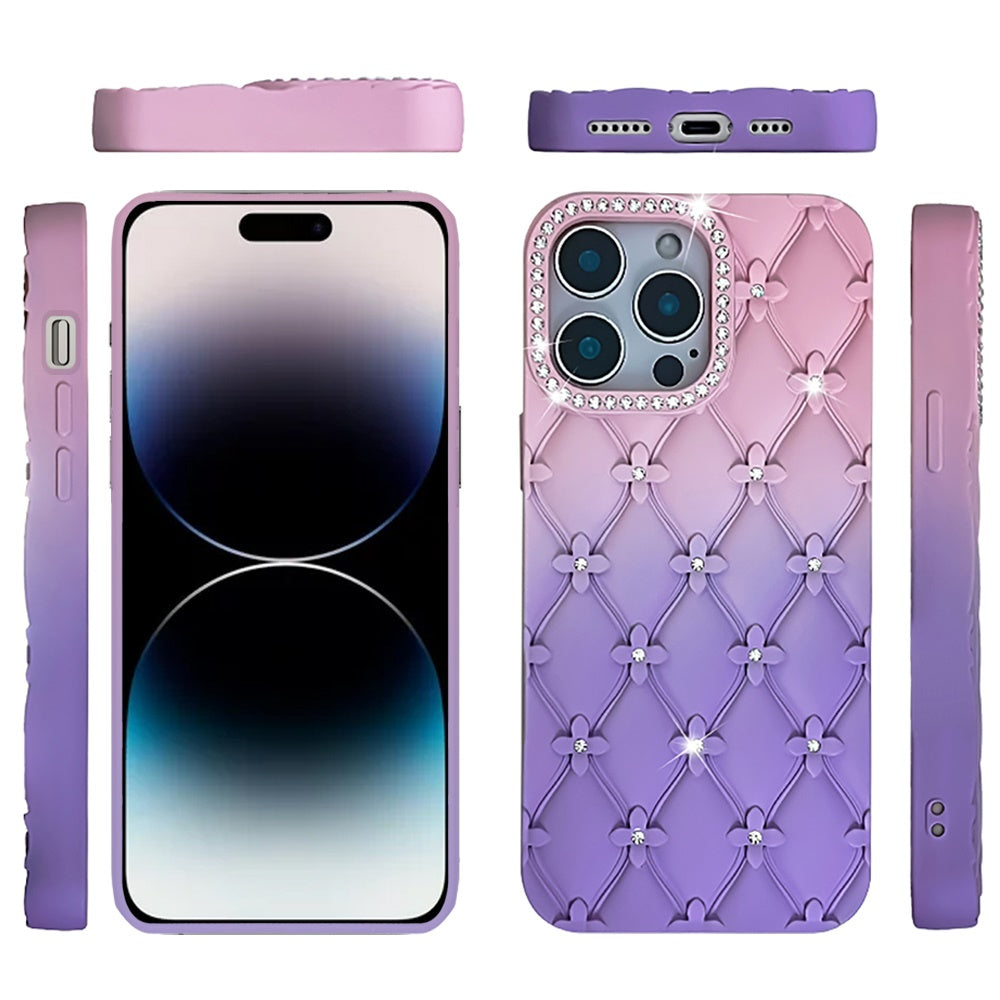 For Samsung Galaxy S25 Ultra Fashion Flower Design Sparkle Glitter Shimmer Rhinestone Bling Floral Accents, Leather Texture TPU Case Cover Light Pink /Light Purple