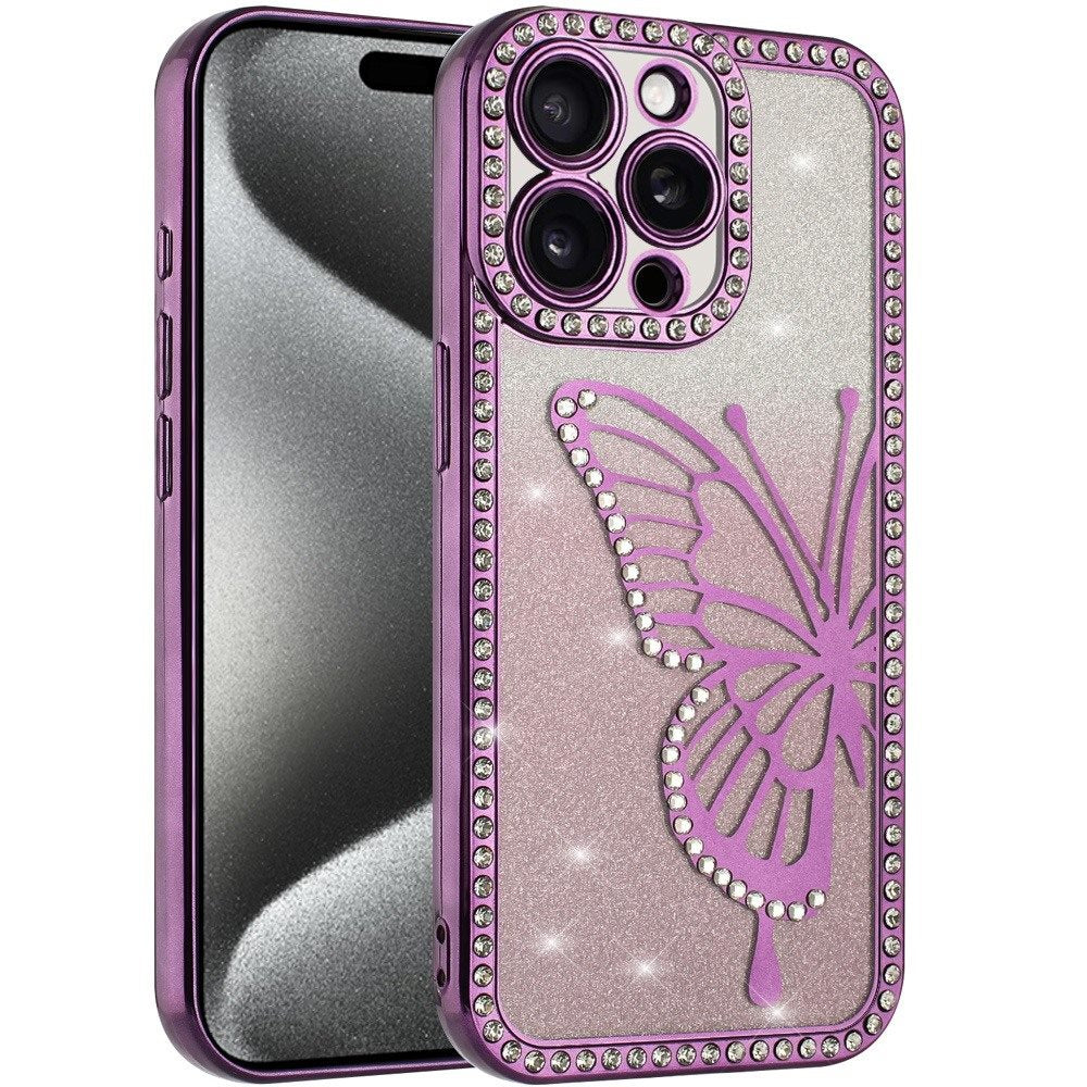 For Apple iPhone 13 Pro Max Butterfly Glitter Diamond Shimmer Hybrid Slim & Stylish Electroplated Sparkly Bling Shockproof TPU Protective Case Cover