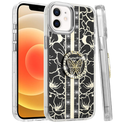 For Apple iPhone 15 Diamonds 3D Butterfly Floral Design Bling Sparkly Glitter Hybrid Metal Fashion with Ring Stand Case Cover