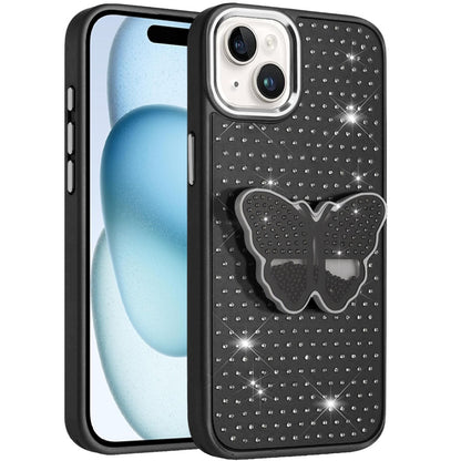 For Apple iPhone 16 (6.1") Butterfly Moveable Grip 3D Pop Stand Full Diamond Bling Sparkling TPU Fashion Hybrid Case Cover