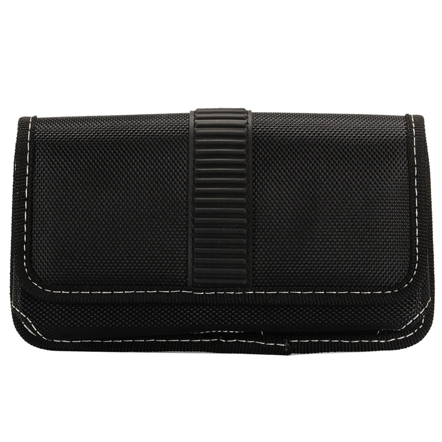 For Apple iPhone 16 Plus (6.7") Rugged Canvas Cellphone Belt Clip Cover Holster Pouch Holder with Belt Loops Universal Horizontal Carrying Case [Black]