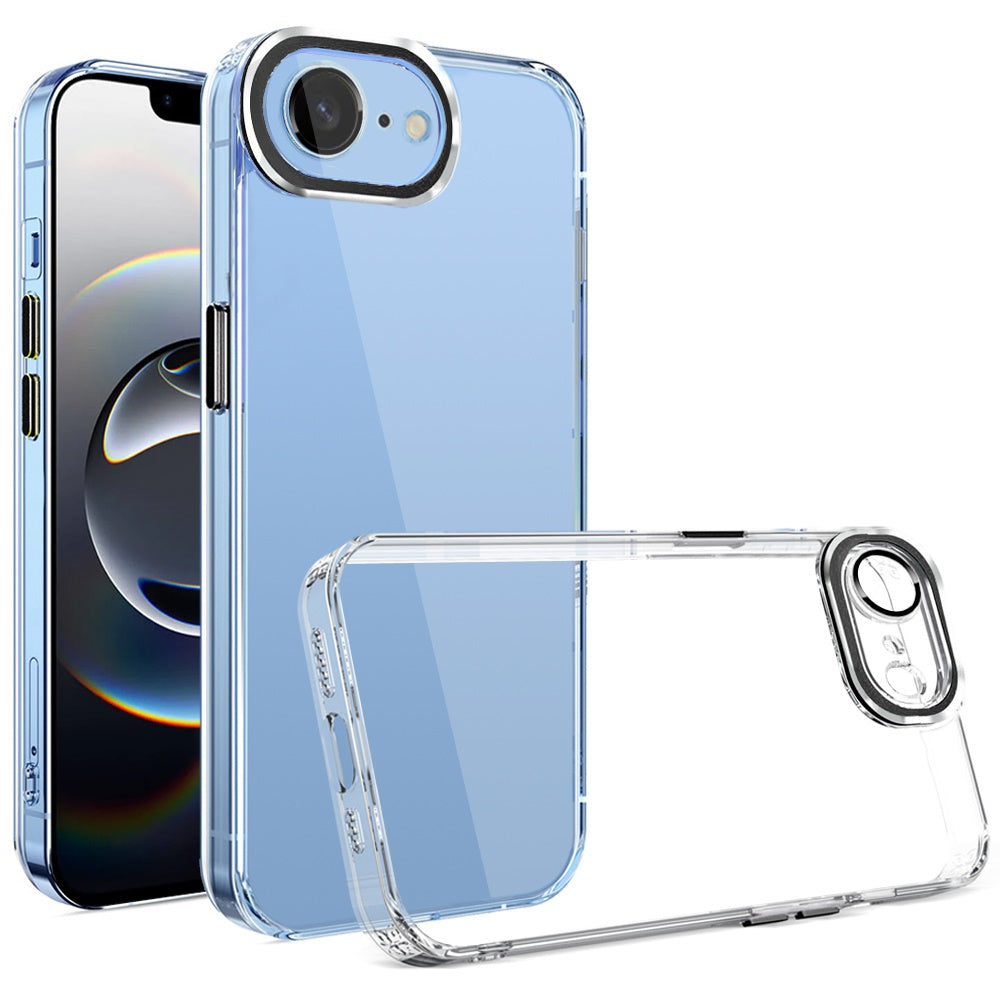 For Apple iPhone 16e Transparent Clear Hybrid with Matching Metal Buttons and Camera Protection Hard PC + TPU Rubber Case Cover Clear / Black