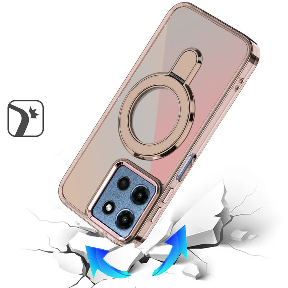 For Motorola Moto G 5G 2025 Chrome Hybrid with Rotating Magnetic Circle Ring Stand, Slim Shockproof Hybrid Case Cover