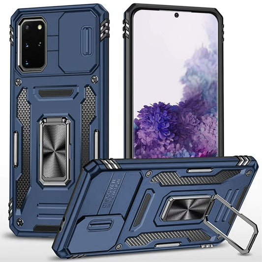 For Samsung Galaxy S20 Ultra Tough Hybrid Case with Movable Camera Window & Metal Ring Stand Shockproof Case Cover Blue