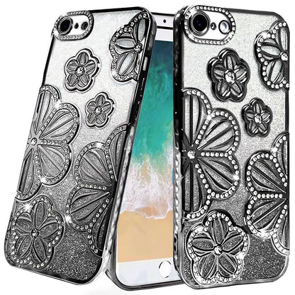 For Samsung Galaxy A16 5G Luxury Flower Design Sparkle Glitter Diamond Rhinestone Shimmer Bling Plating Thick TPU Hard PC Case Cover Flower Black