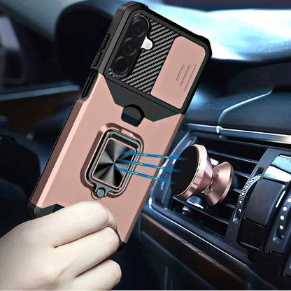 For Samsung Galaxy S25 Fan Edition /Galaxy S25 FE Wallet Case with Ring Stand & Slide Camera Cover Back Credit Card Slot Holder, Military Grade Case Cover Rose Gold