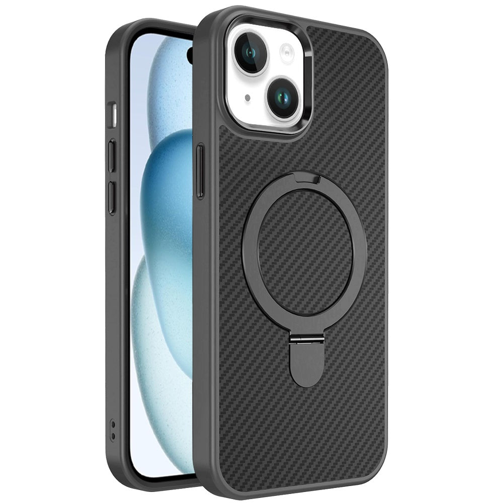 For Apple iPhone 14 /13 Hybrid Carbon Fiber Design with MagSafe Compatible [Magnetic Circle], Ring Stand Shockproof Slim TPU Case Cover