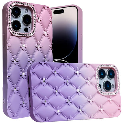 For Apple iPhone 15 Pro Max (6.7") Fashion Flower Design Sparkle Glitter Shimmer Rhinestone Bling Leather Feel Thick TPU Rubber Hard PC Case Cover