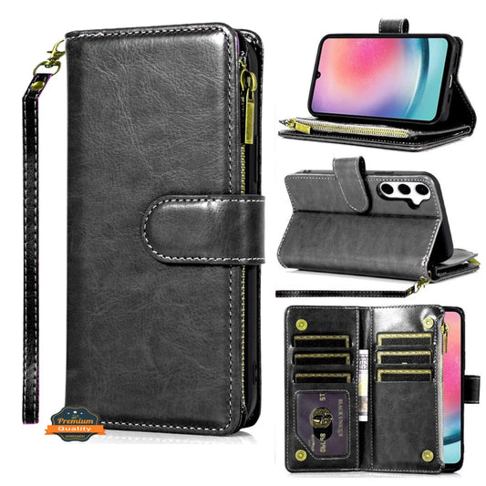 For Motorola Moto G Stylus 5G 2025 Leather Wallet Case with Zipper, 9 Card Slots, Cash Pocket, Stand & Strap, Clutch Pouch Design Case Cover Black