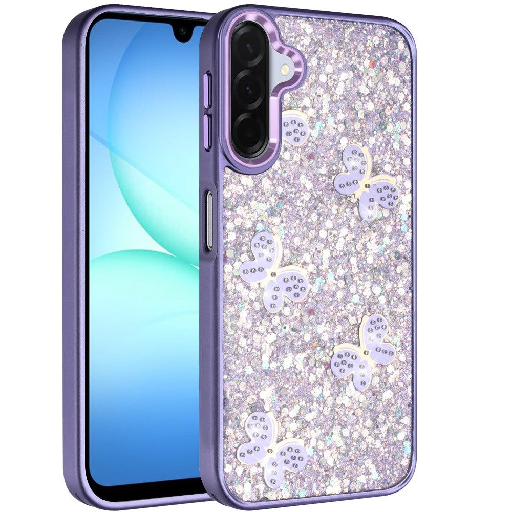 For Samsung Galaxy A17 5G Cute Butterfly Crystal Diamond Glitter Case Sparkle Bling Frame Metallic Edges, Shimmer TPU Hybrid Case Cover