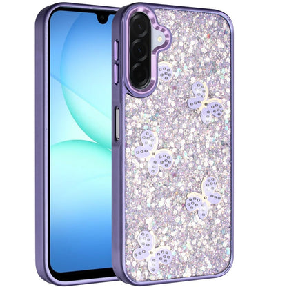 For Samsung Galaxy A17 5G Cute Butterfly Crystal Diamond Glitter Case Sparkle Bling Frame Metallic Edges, Shimmer TPU Hybrid Case Cover