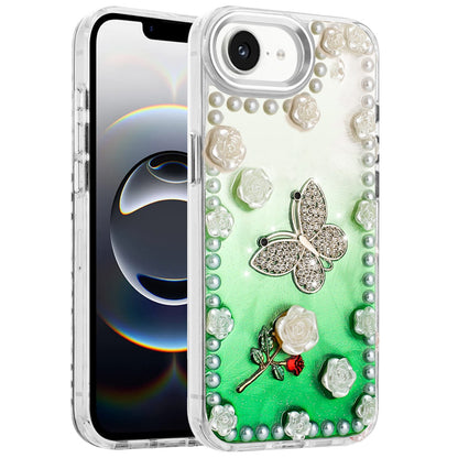 For Apple iPhone 16e Bling Fashion Design with 3D Pearls Epoxy Glitter Ornaments Chrome Edge Hard Slim PC Case Cover