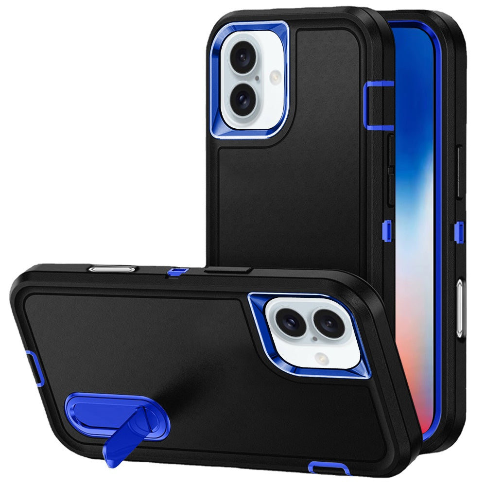 Apple iPhone 16 (6.1") Hybrid 3 Layers Hard 3in1 Shockproof with Kickstand Heavy Duty Hard TPU Rubber Anti-Drop