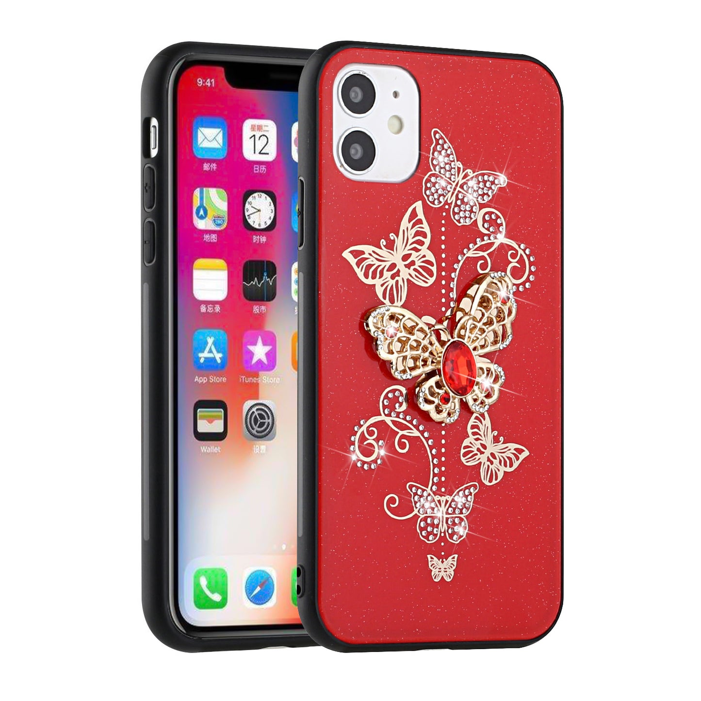 For Apple iPhone 16e Diamonds 3D Butterfly Bling Sparkly Glitter Ornaments Engraving Hybrid Metal Fashion Case Cover Red Garden Butterflies