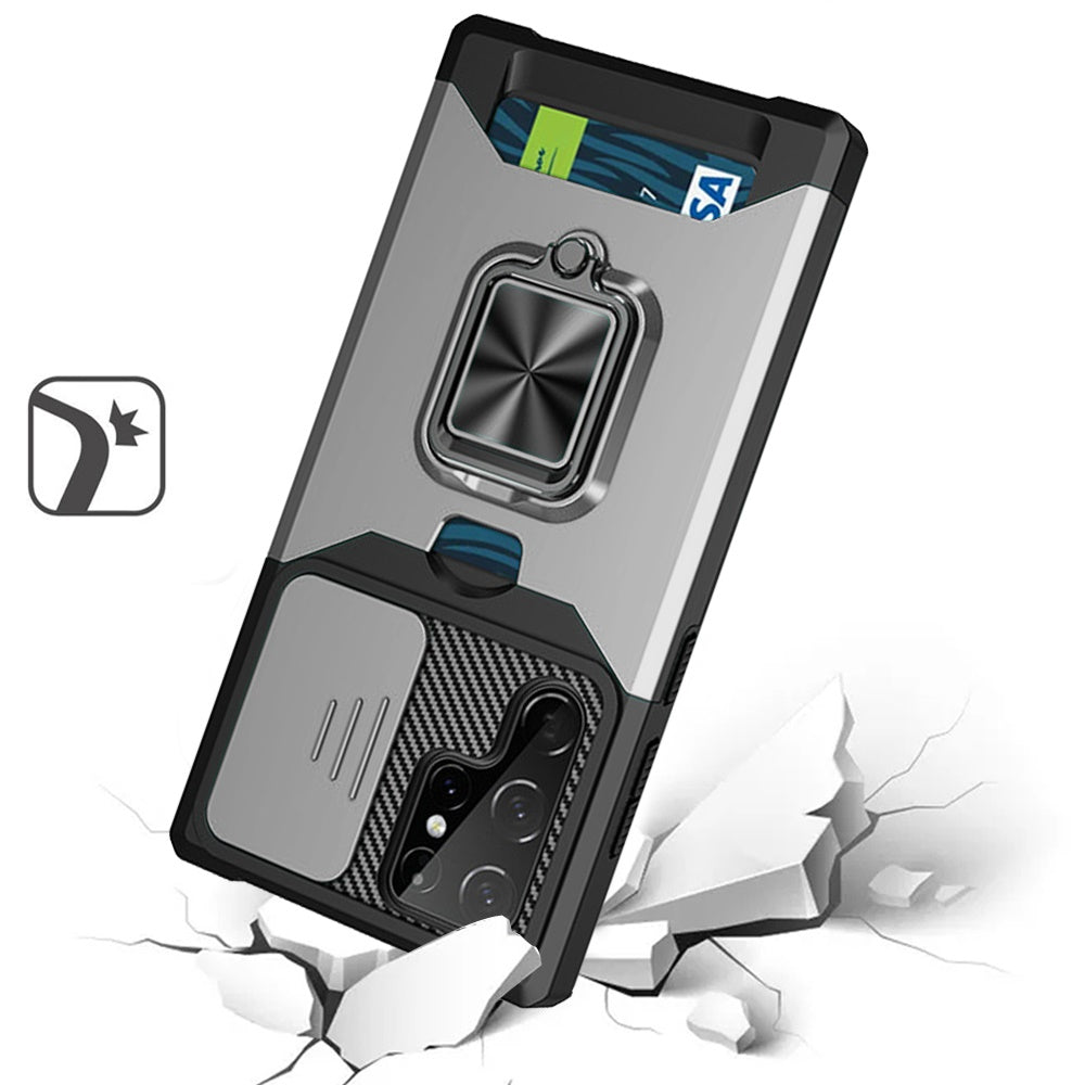 For Apple iPhone 16e Wallet Case with Ring Stand & Slide Camera Cover Back Credit Card Slot Holder, Military Grade Case Cover Silver