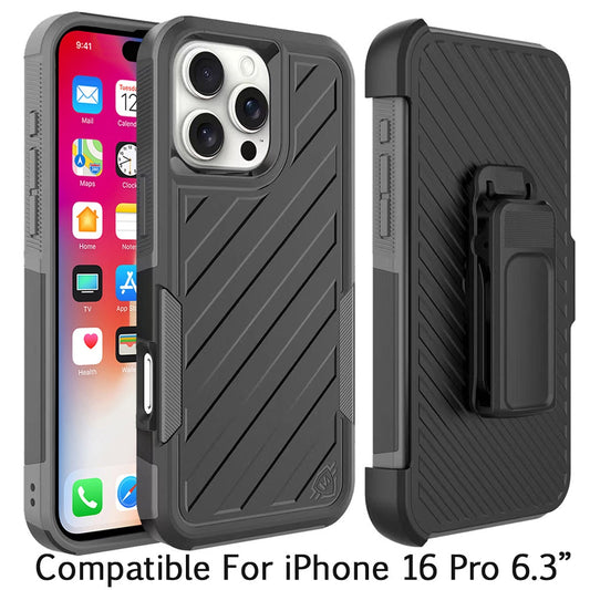 For Apple iPhone 16 Pro (6.3") Combo Hybrid lined with Belt Clip Holster Armor Shockproof Rugged Textured 2in1 Non Slip Tough Case Cover Black / Gray