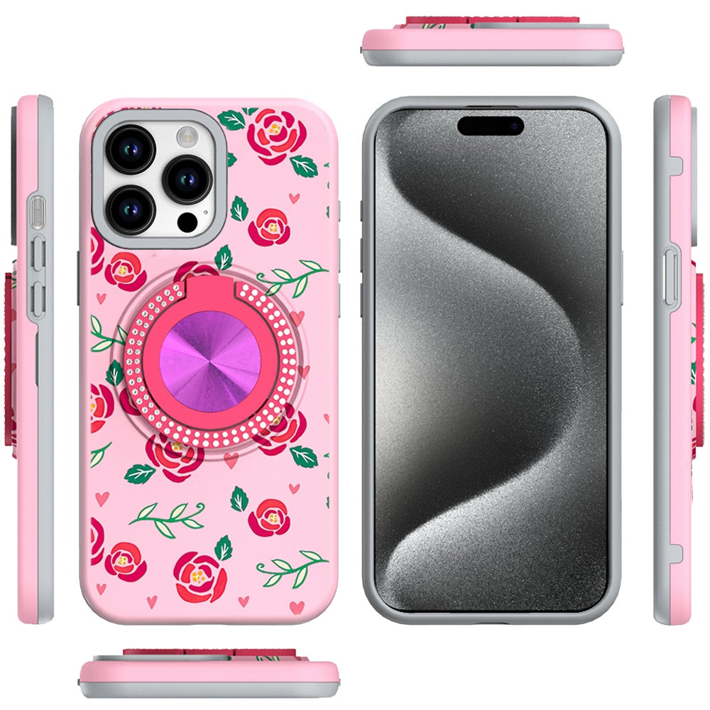 For Apple iPhone 16 Pro Max (6.9") Pattern Design Hybrid with Invisible Ring Stand & Magnetic Back, Shockproof Protective Grip Case Cover