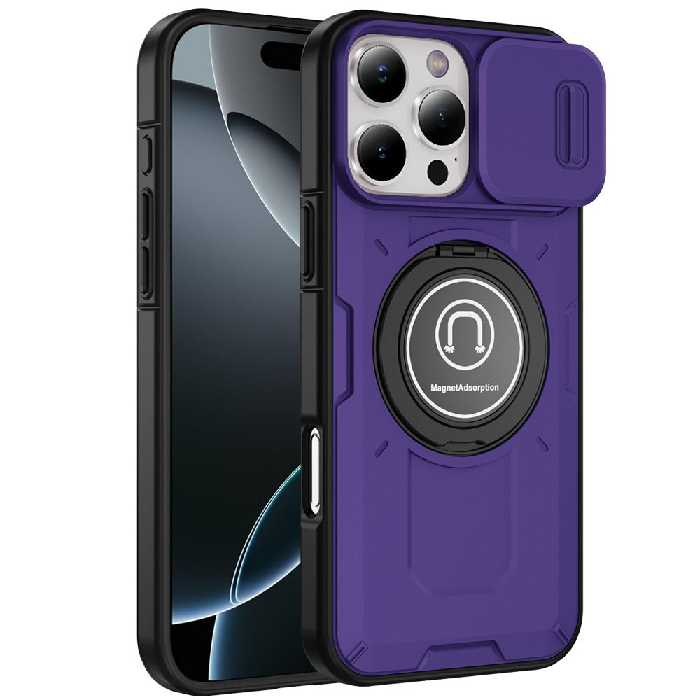For Apple iPhone 16 Pro (6.3") Build in Invisible Magnetic Ring Stand with Slide Camera Protector, fit Magnetic Car Mount [Compatible with MagSafe] Case Cover