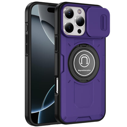 For Apple iPhone 16 Pro (6.3") Build in Invisible Magnetic Ring Stand with Slide Camera Protector, fit Magnetic Car Mount [Compatible with MagSafe] Case Cover