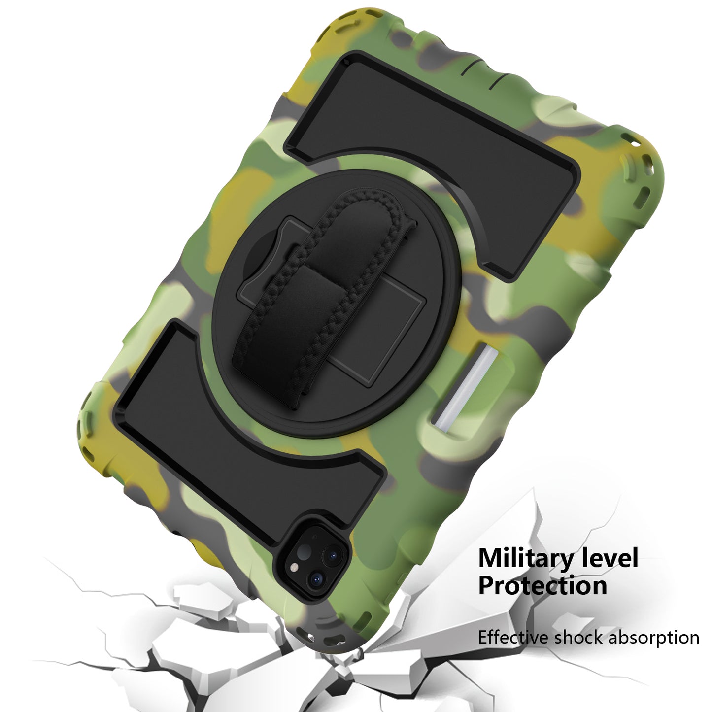 For Hybrid 3in1 Armor Rugged with Built-in Kickstand 360° Rotatable Stand & Shoulder Hand Strap Corner Shockproof Camouflage Tablet Case Cover