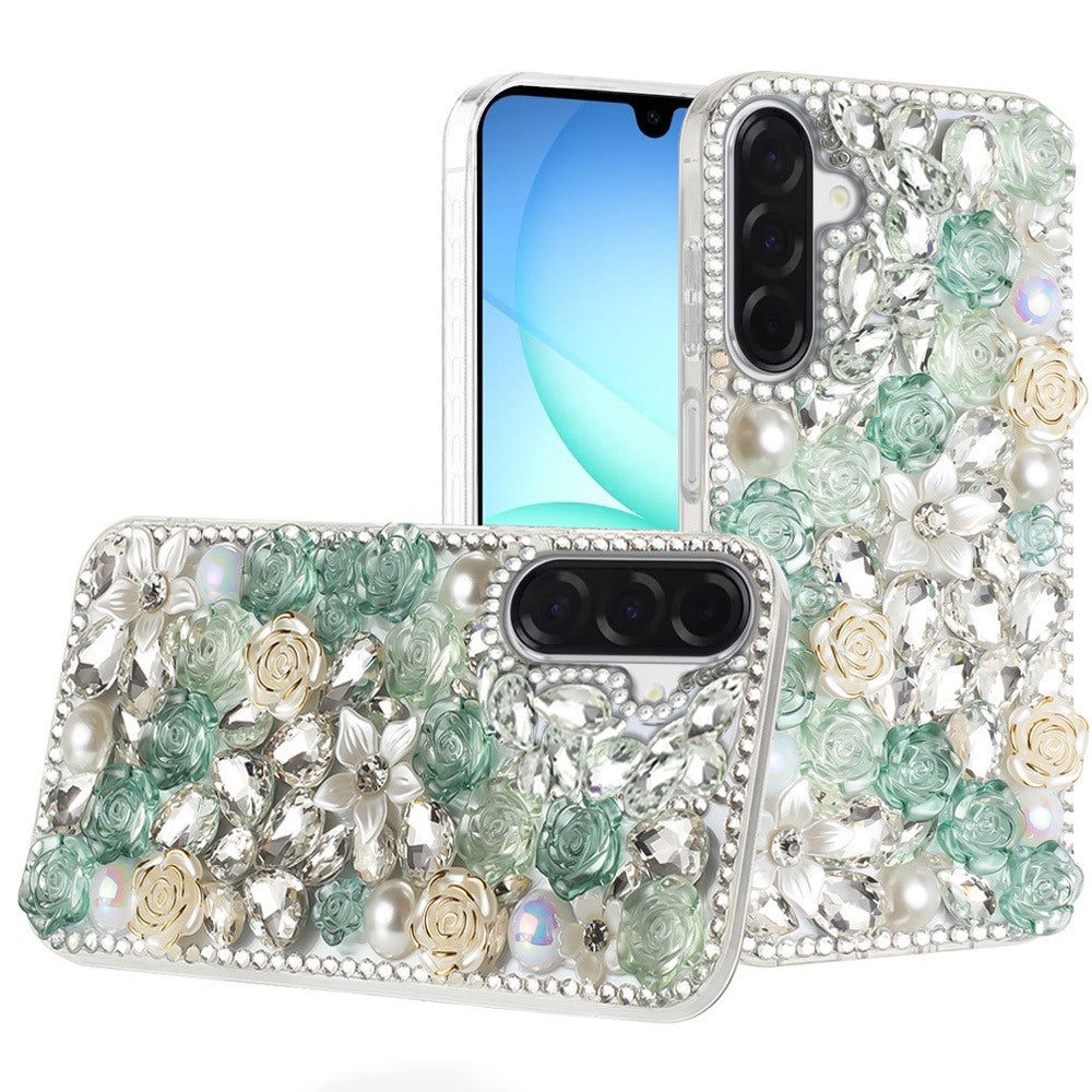 For Samsung Galaxy A17 5G Fashion Rose Flower Floral Bling Crystal 3D Full Diamonds Pearl Sparkle Rhinestone Glitter Hybrid Case Cover