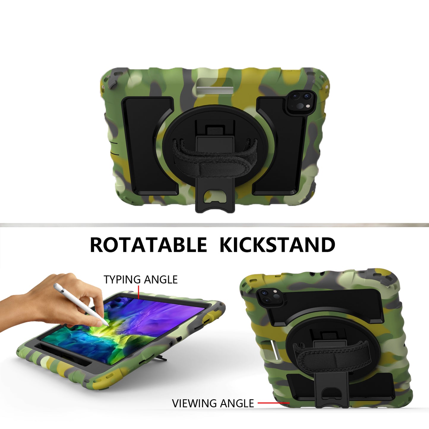 For Hybrid 3in1 Armor Rugged with Built-in Kickstand 360° Rotatable Stand & Shoulder Hand Strap Corner Shockproof Camouflage Tablet Case Cover