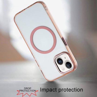 For Apple iPhone 15 Pro Transparent Back Hybrid Case - Magnetic Circle, Color Frame, Metal Buttons, MagSafe Compatible Case Cover Rose Gold