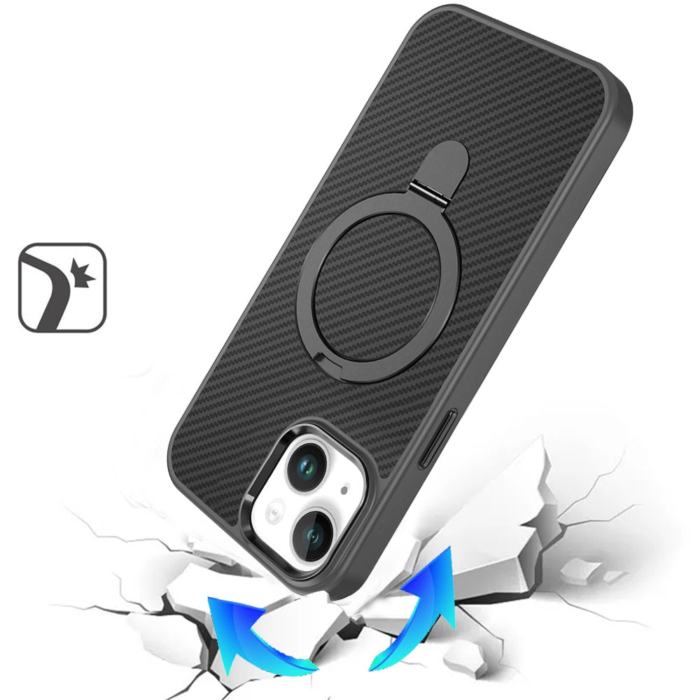 For Apple iPhone 16 Pro (6.3") Hybrid Carbon Fiber Design with MagSafe Compatible [Magnetic Circle], Ring Stand Shockproof Slim TPU Case Cover