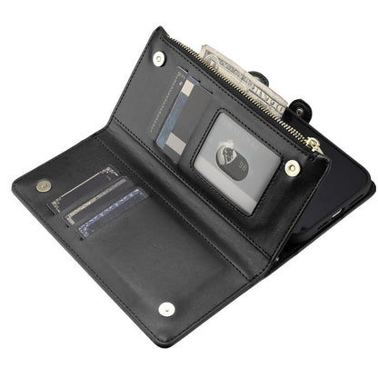 For Apple iPhone SE 4 Wallet Purse Stylish Design with Credit Card & ID Slots, Durable Zipper Storage, Adjustable Lanyard Case Cover Black