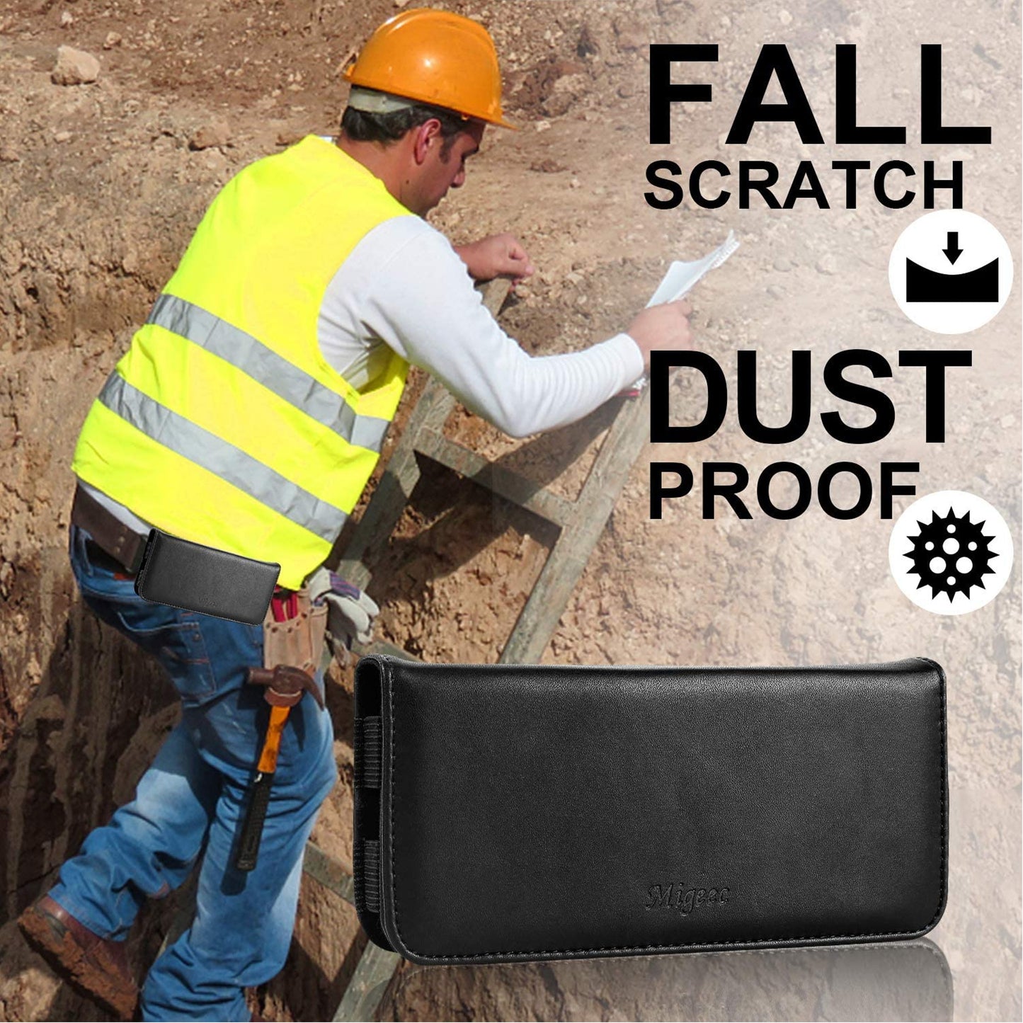 For Apple iPhone 16 Plus (6.7") Universal Leather Belt Holster Horizontal Pouch Phone Holder with Belt Loop / Clip Waistband (X-Large) Cover [Black]