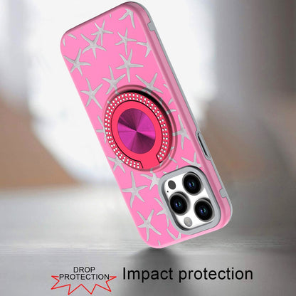 For Apple iPhone 16e Pattern Design Hybrid with Invisible Ring Stand & Magnetic Back, Shockproof Protective Grip Case Cover Pink Starfish