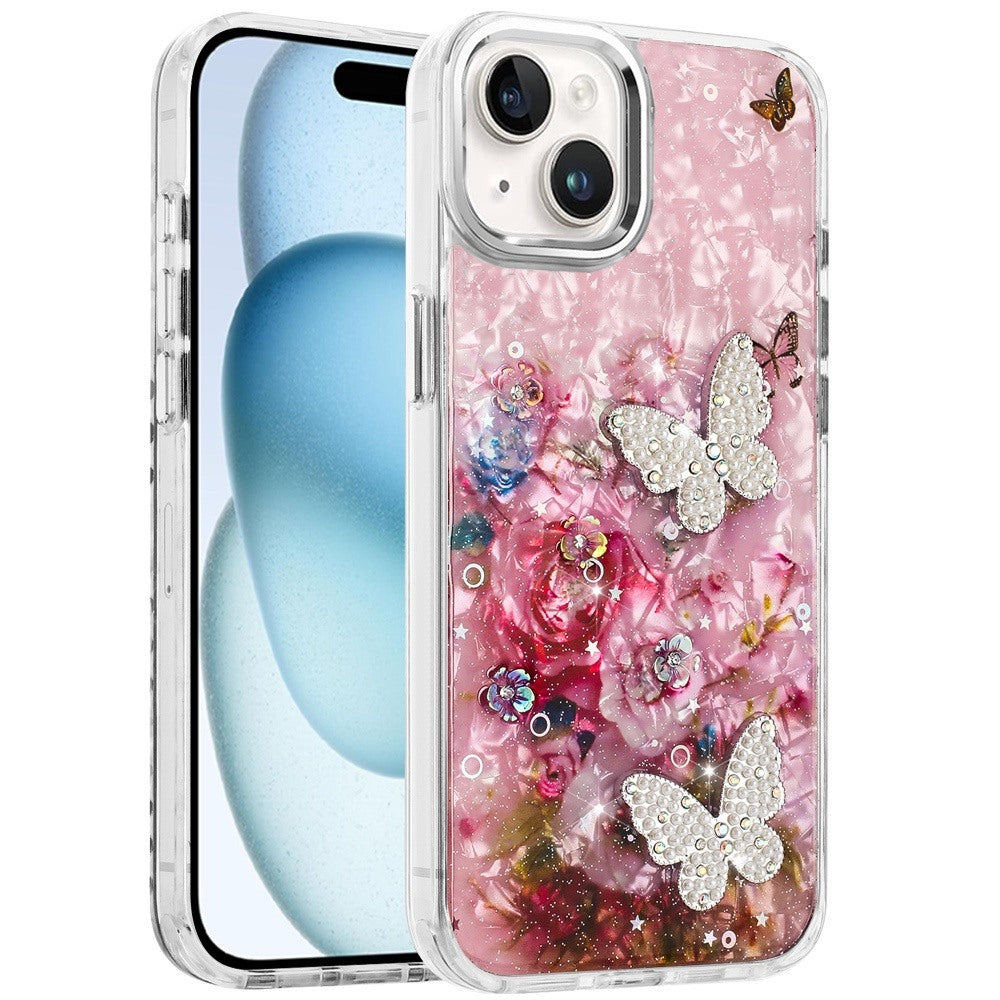 For Apple iPhone 15 Epoxy Glitter Flowers Bling 3D Butterfly Fashion TPU Hybrid with Shockproof Protection Case Cover