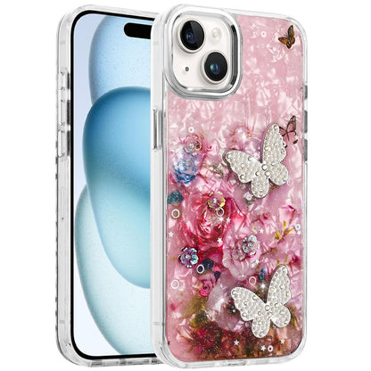 For Apple iPhone 15 Epoxy Glitter Flowers Bling 3D Butterfly Fashion TPU Hybrid with Shockproof Protection Case Cover